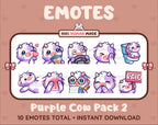 Purple Cow Twitch emote pack featuring 10 emotes including kiss, facepalm, shy, and raid.