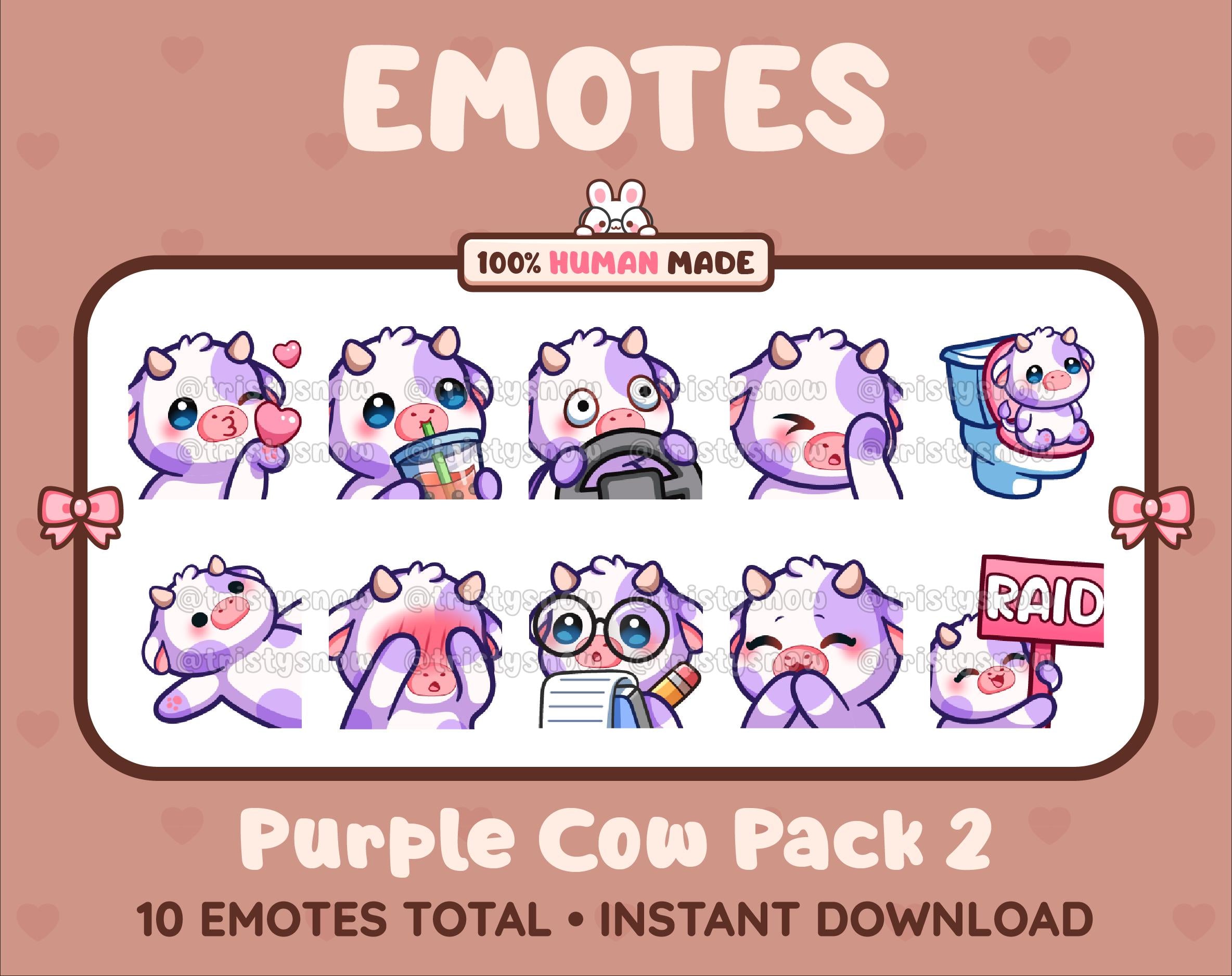 Purple Cow Twitch emote pack featuring 10 emotes including kiss, facepalm, shy, and raid.