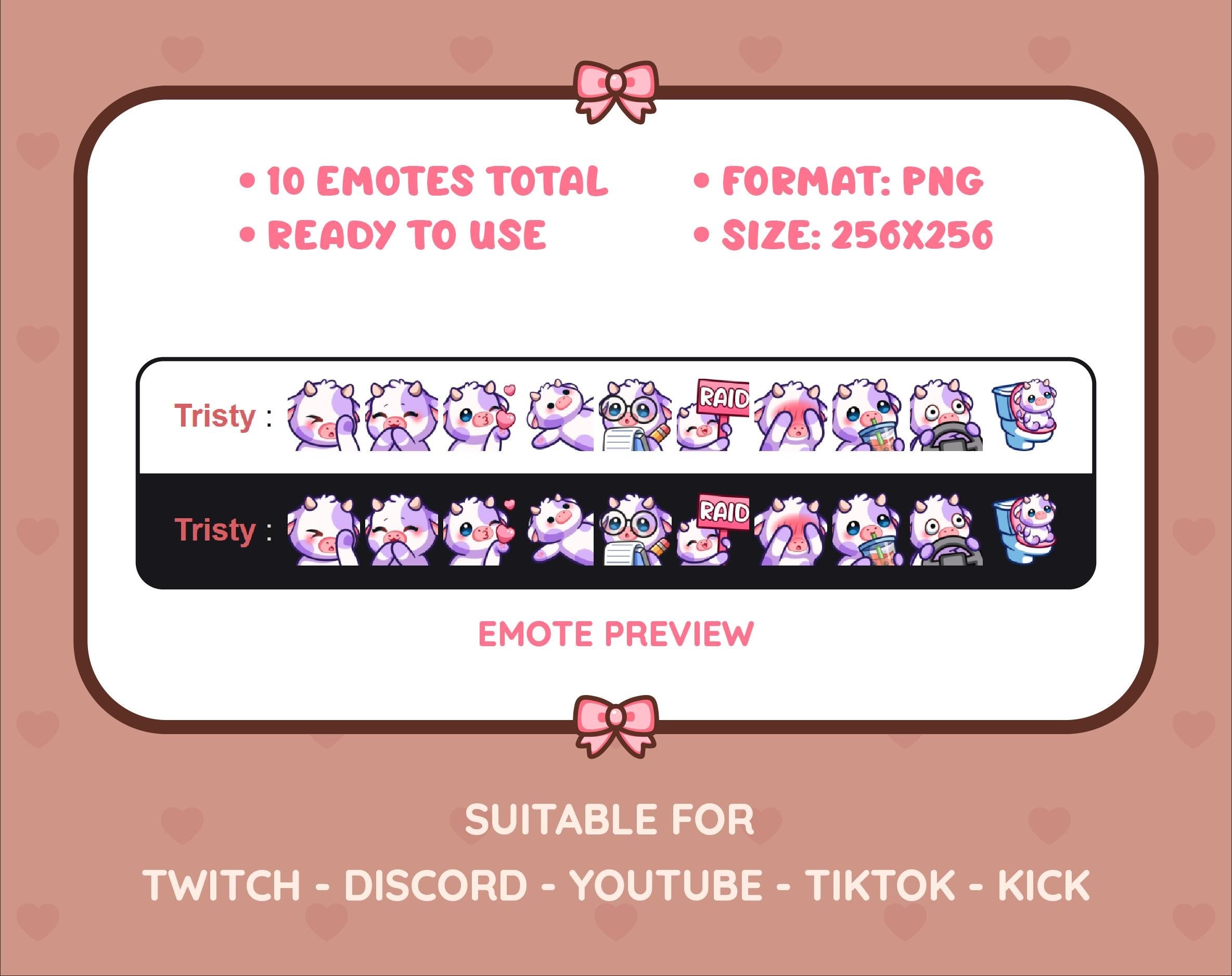 Purple Cow Twitch emote pack preview displaying all 10 emotes with format and size information.