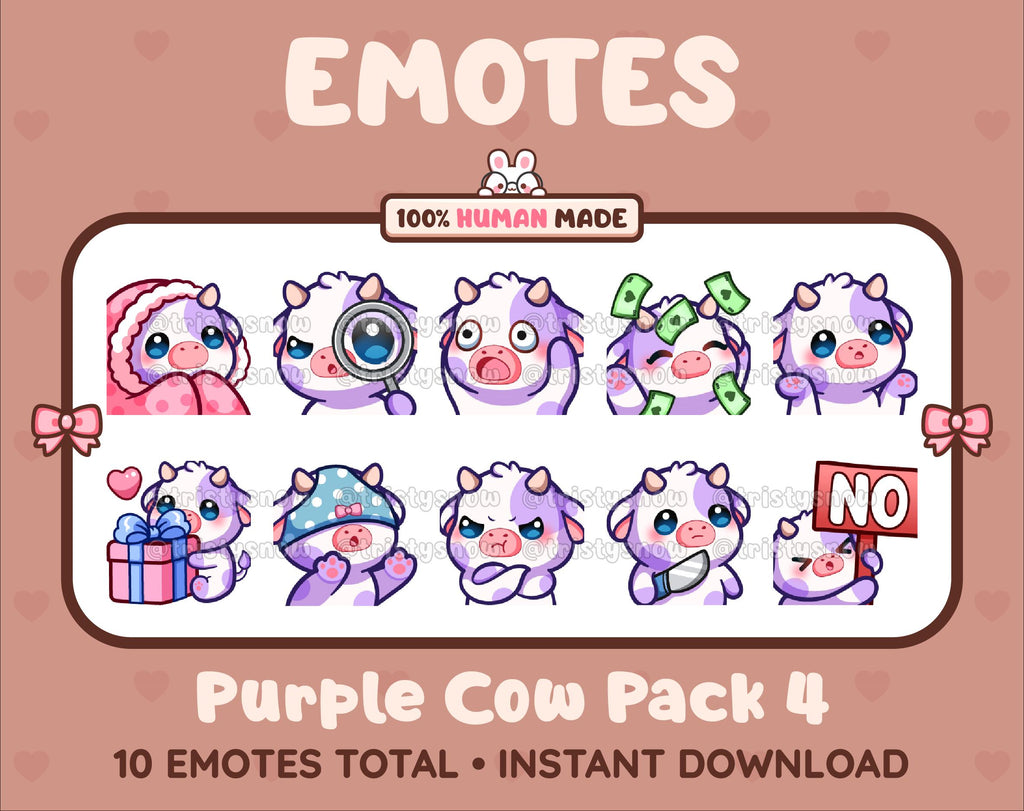Purple Cow Twitch emote pack featuring 10 emotes including cozy, sus, panic, and shrug.