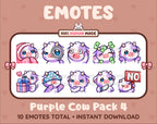 Purple Cow Twitch emote pack featuring 10 emotes including cozy, sus, panic, and shrug.