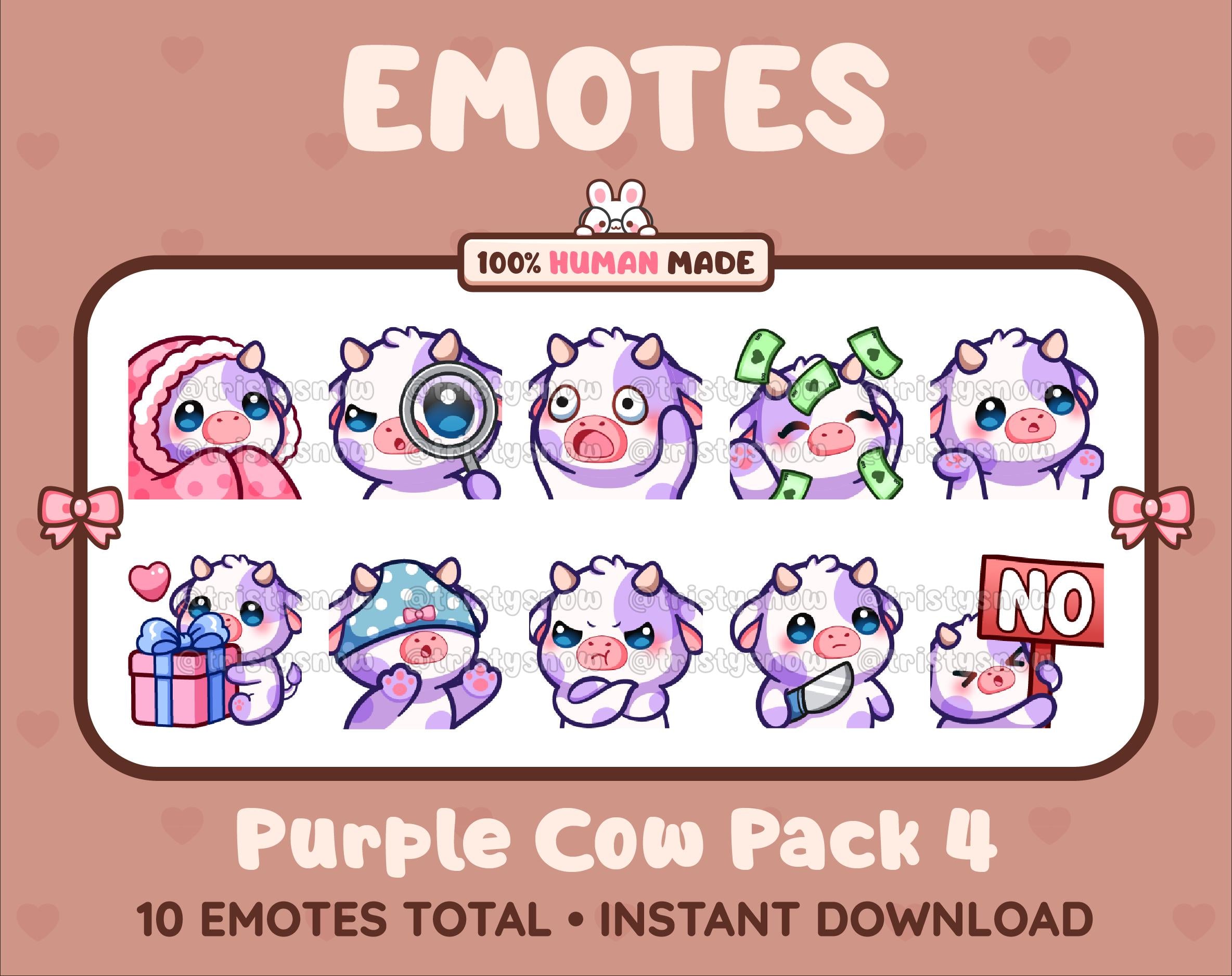 Purple Cow Twitch emote pack featuring 10 emotes including cozy, sus, panic, and shrug.