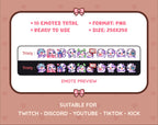 Purple Cow Twitch emote pack preview displaying all 10 emotes with format and size information.