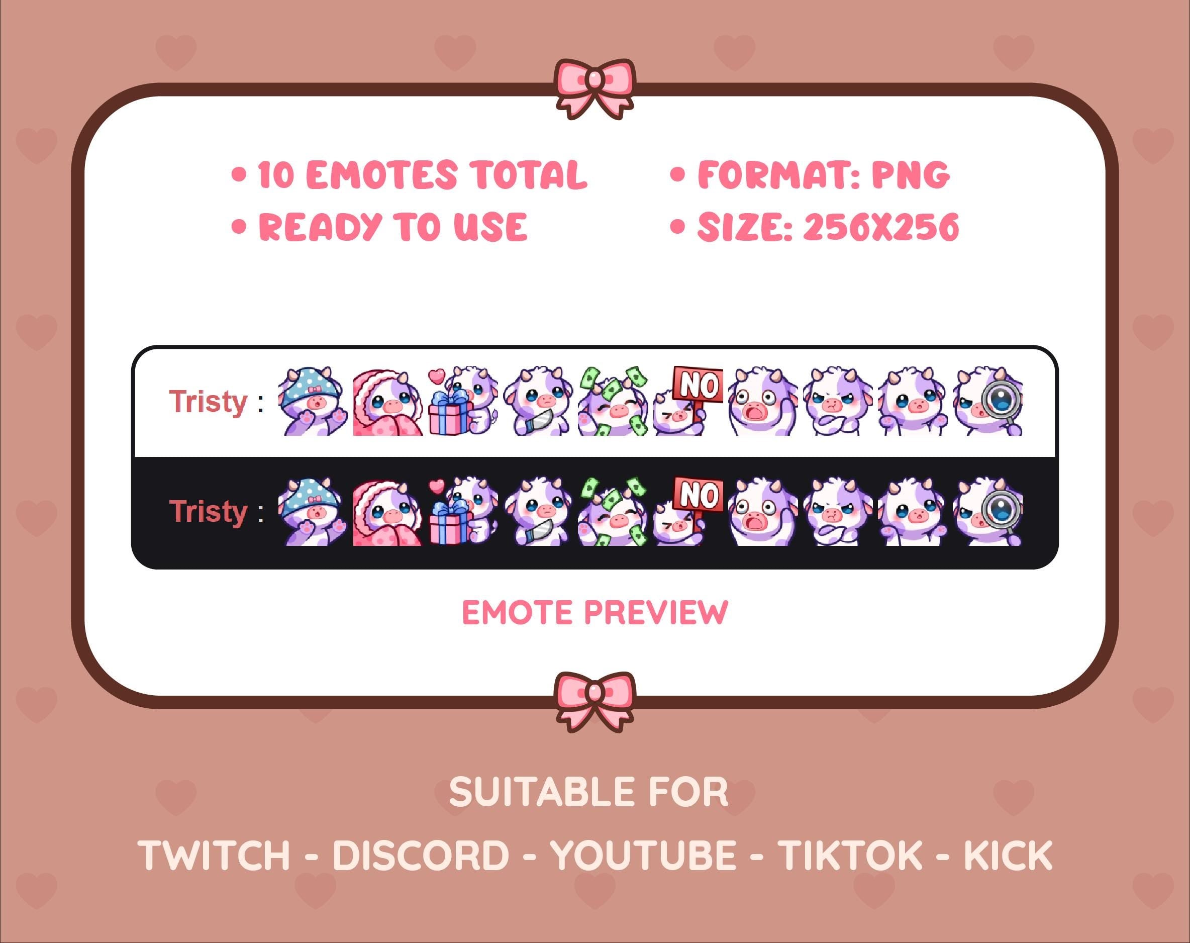 Purple Cow Twitch emote pack preview displaying all 10 emotes with format and size information.
