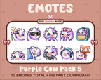 Purple Cow Twitch emote pack featuring 10 emotes including flower, cool, plead, and lurk.