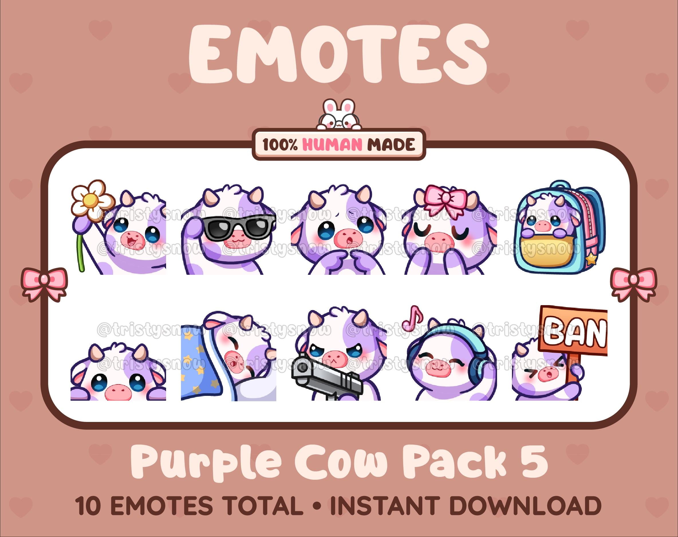 Purple Cow Twitch emote pack featuring 10 emotes including flower, cool, plead, and lurk.