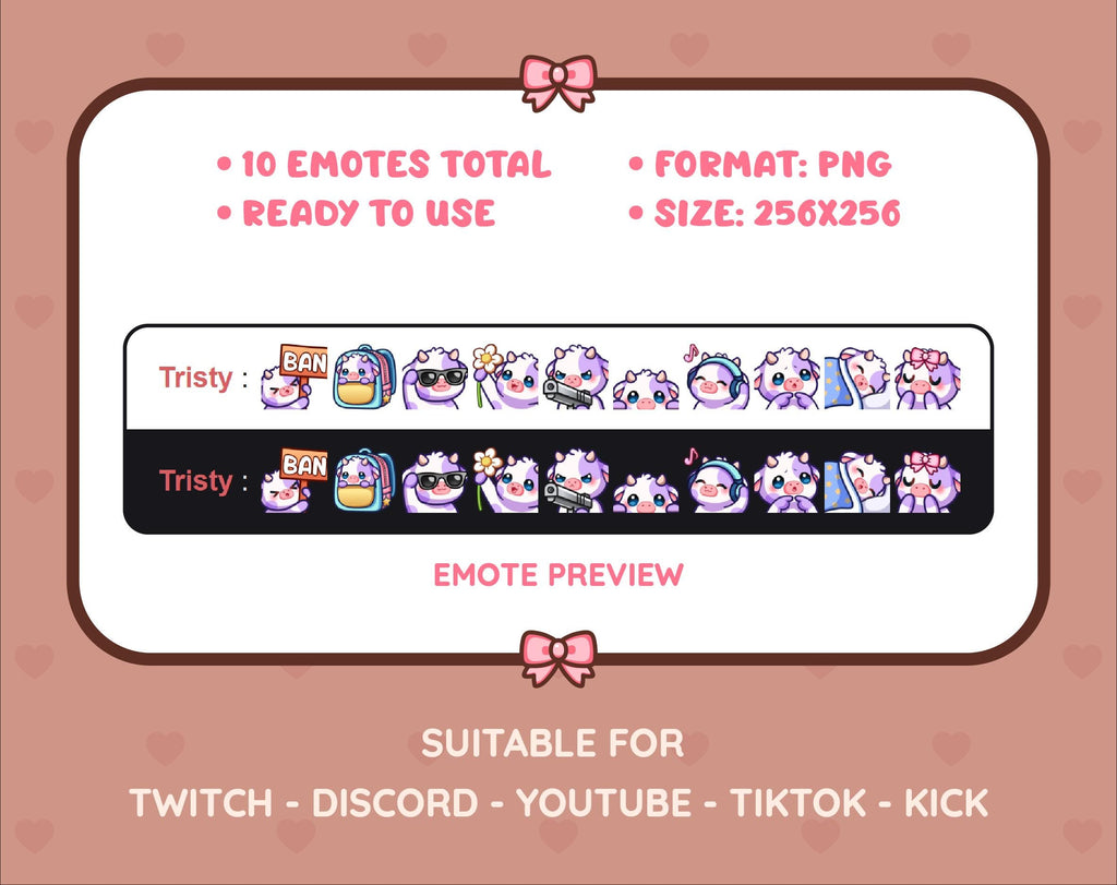 Purple Cow Twitch emote pack preview displaying all 10 emotes with format and size information.