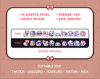 Purple Cow Twitch emote pack preview displaying all 10 emotes with format and size information.