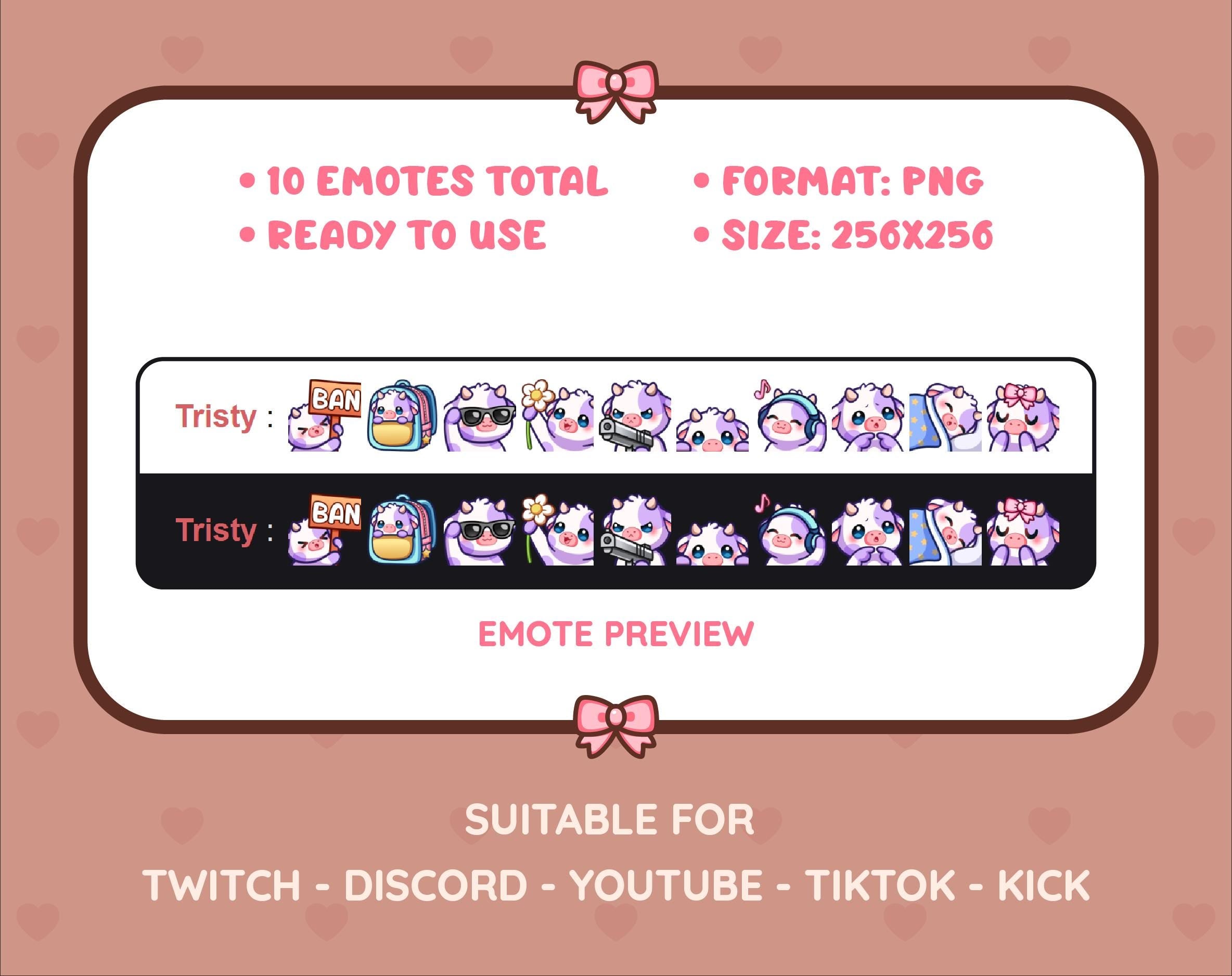 Purple Cow Twitch emote pack preview displaying all 10 emotes with format and size information.