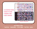 Purple Cow Twitch emote mega pack preview displaying all 50 emotes with format and size information.