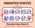 Purple Cow animated Twitch emote pack featuring 10 emotes including cozy, sus, panic, and shrug.