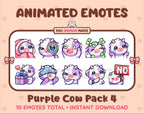 Purple Cow animated Twitch emote pack featuring 10 emotes including cozy, sus, panic, and shrug.