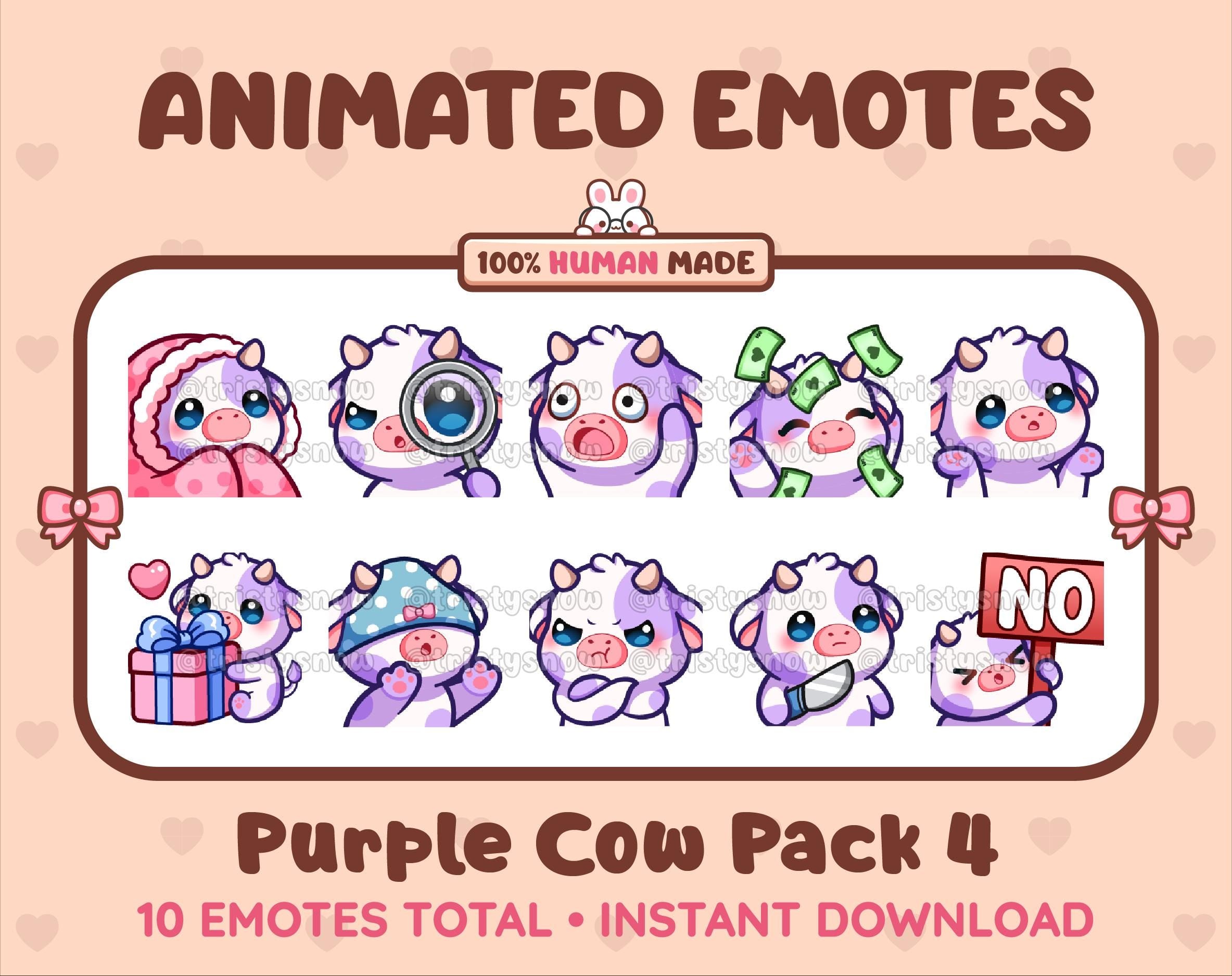 Purple Cow animated Twitch emote pack featuring 10 emotes including cozy, sus, panic, and shrug.
