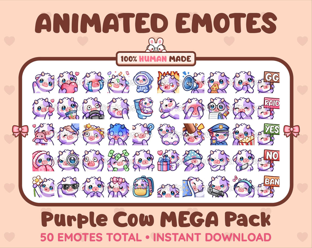 Purple Cow animated Twitch emote mega pack featuring 50 emotes including hype, kiss, raid, and lurk.