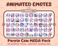 Purple Cow animated Twitch emote mega pack featuring 50 emotes including hype, kiss, raid, and lurk.