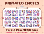 Purple Cow animated Twitch emote mega pack featuring 50 emotes including hype, kiss, raid, and lurk.