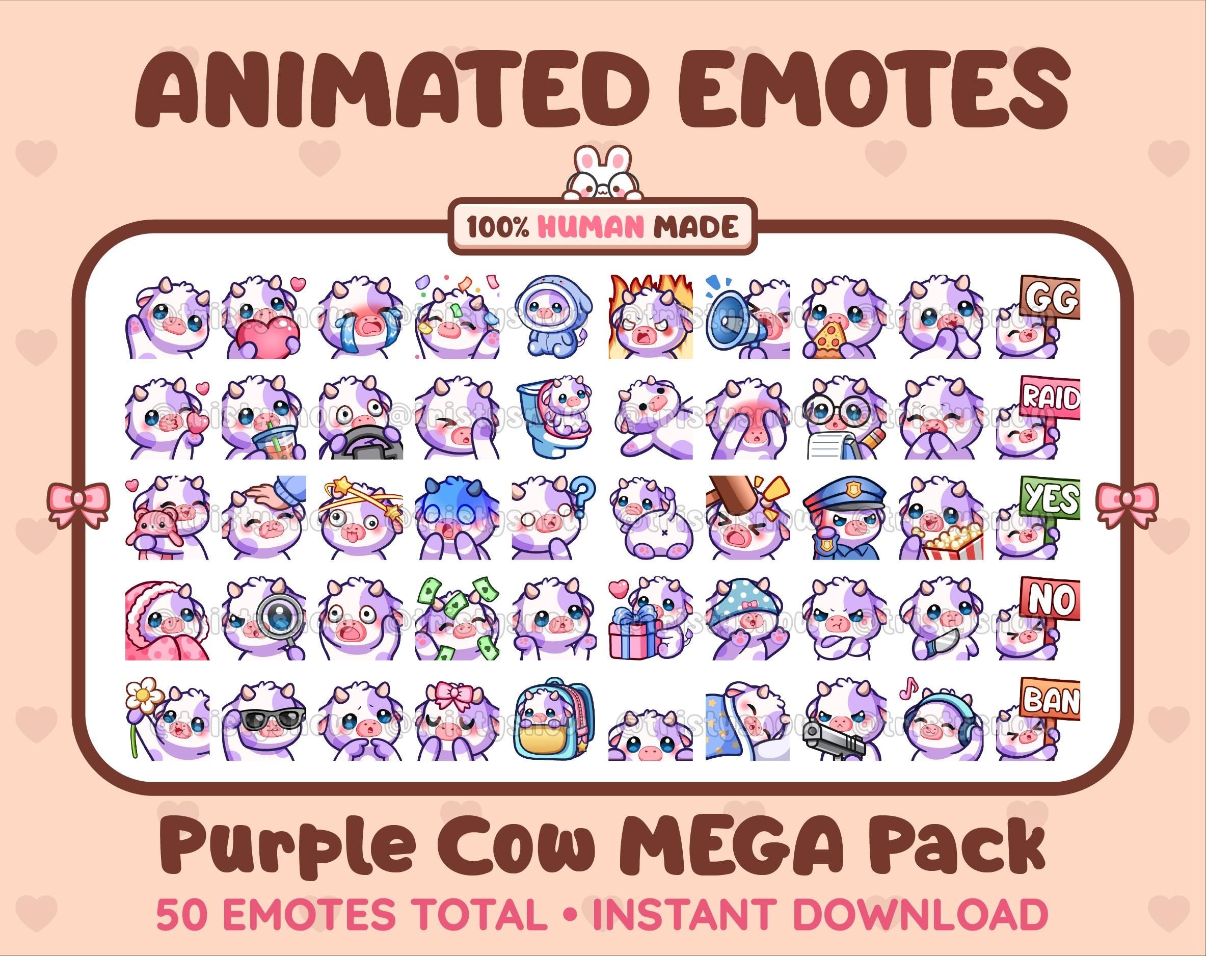 Purple Cow animated Twitch emote mega pack featuring 50 emotes including hype, kiss, raid, and lurk.