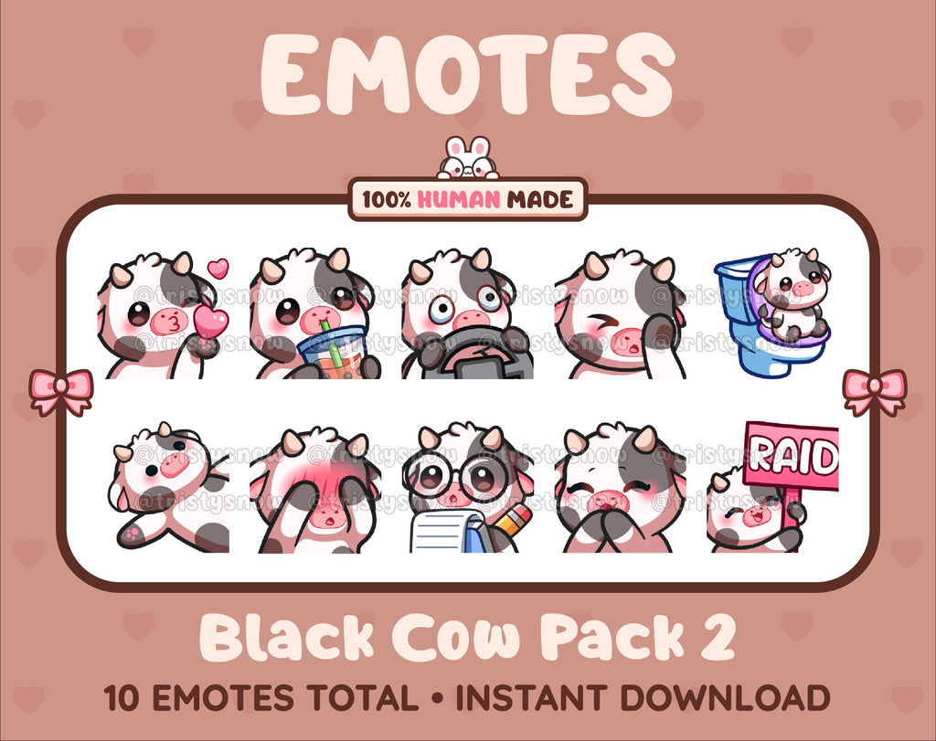 Black Cow Twitch emote pack featuring 10 emotes including kiss, facepalm, shy, and raid.