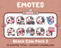 Black Cow Twitch emote pack featuring 10 emotes including kiss, facepalm, shy, and raid.