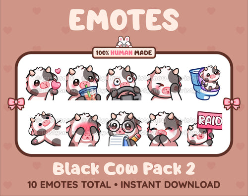 Black Cow Twitch emote pack featuring 10 emotes including kiss, facepalm, shy, and raid.