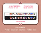 Black Cow Twitch emote pack preview displaying all 10 emotes with format and size information.