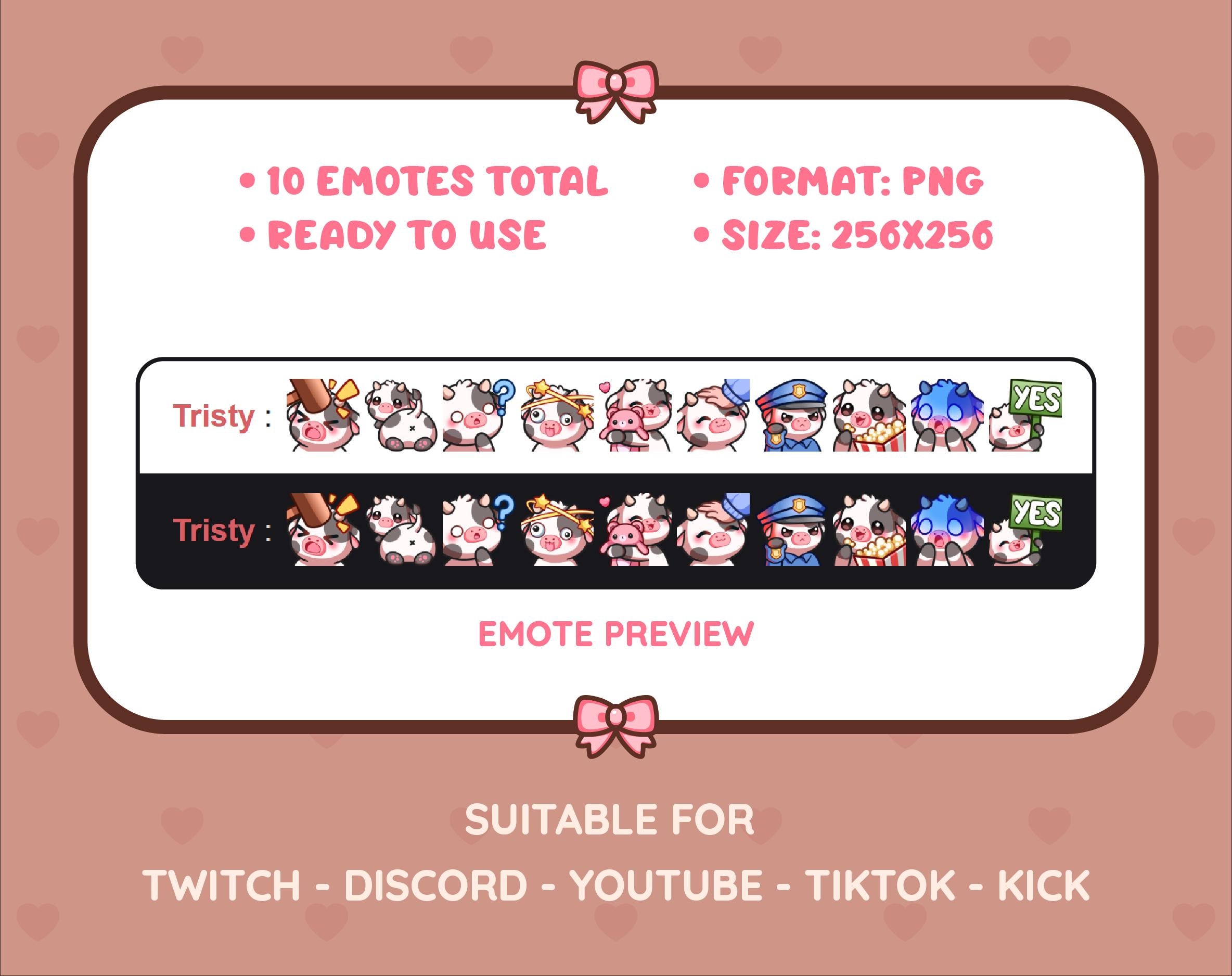 Black Cow Twitch emote pack preview displaying all 10 emotes with format and size information.