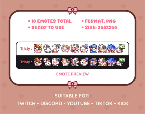 Black Cow Twitch emote pack preview displaying all 10 emotes with format and size information.
