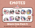 Black Cow Twitch emote pack featuring 10 emotes including flower, cool, plead, and lurk.