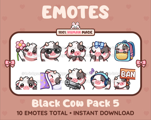 Black Cow Twitch emote pack featuring 10 emotes including flower, cool, plead, and lurk.
