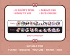 Black Cow Twitch emote pack preview displaying all 10 emotes with format and size information.