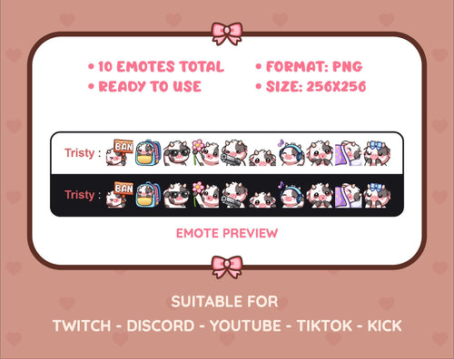 Black Cow Twitch emote pack preview displaying all 10 emotes with format and size information.