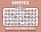 Black Cow Twitch emote mega pack featuring 50 emotes including hype, kiss, raid, and lurk.