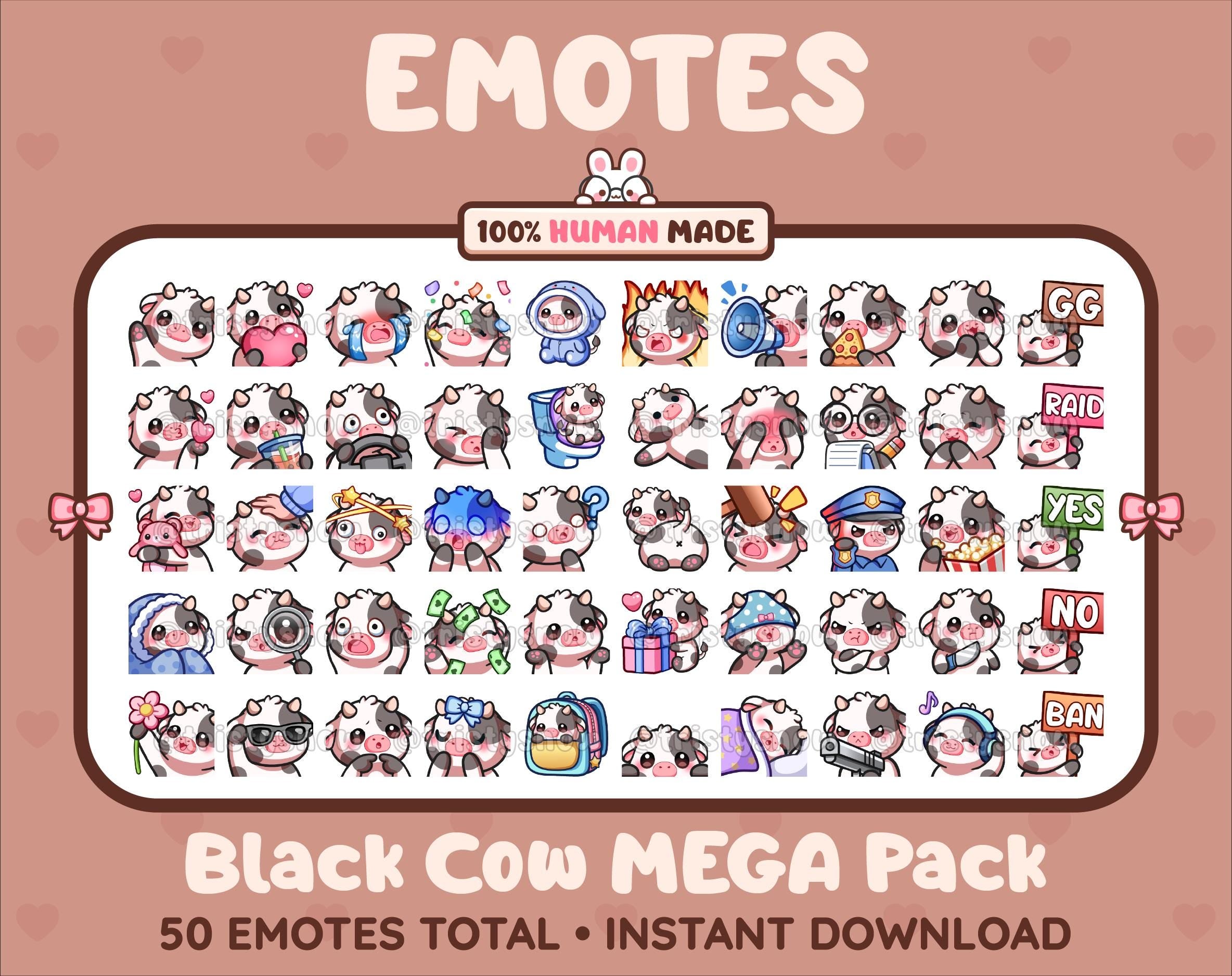 Black Cow Twitch emote mega pack featuring 50 emotes including hype, kiss, raid, and lurk.
