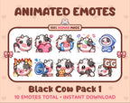 Black Cow animated Twitch emote pack featuring 10 emotes including GG, angry, cry, and hype.