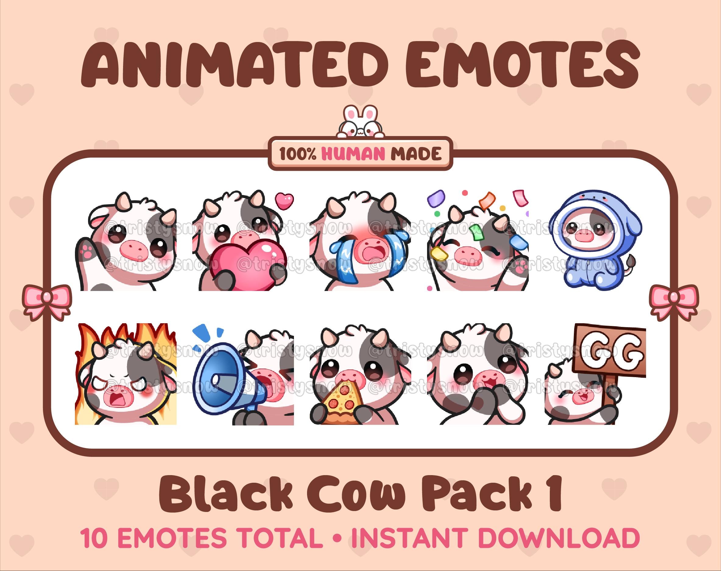 Black Cow animated Twitch emote pack featuring 10 emotes including GG, angry, cry, and hype.