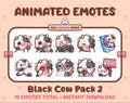 Black Cow animated Twitch emote pack featuring 10 emotes including kiss, facepalm, shy, and raid.