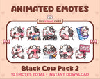 Black Cow animated Twitch emote pack featuring 10 emotes including kiss, facepalm, shy, and raid.