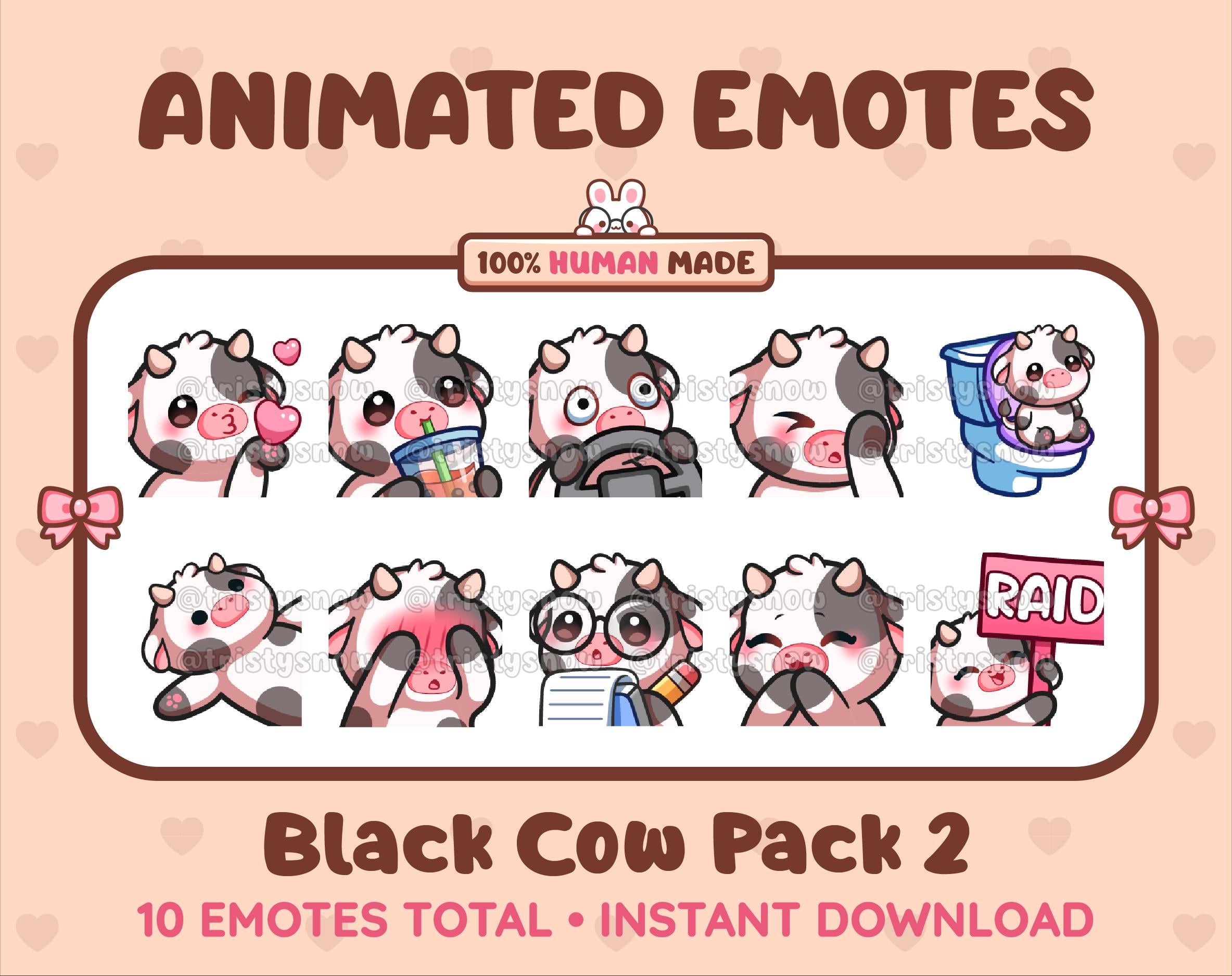 Black Cow animated Twitch emote pack featuring 10 emotes including kiss, facepalm, shy, and raid.