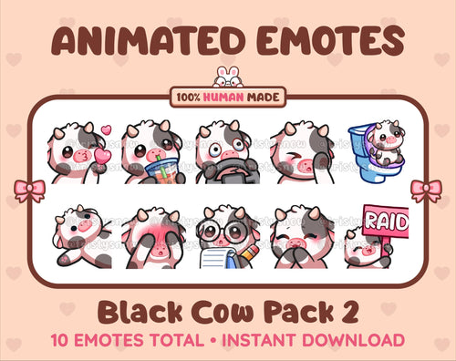 Black Cow animated Twitch emote pack featuring 10 emotes including kiss, facepalm, shy, and raid.