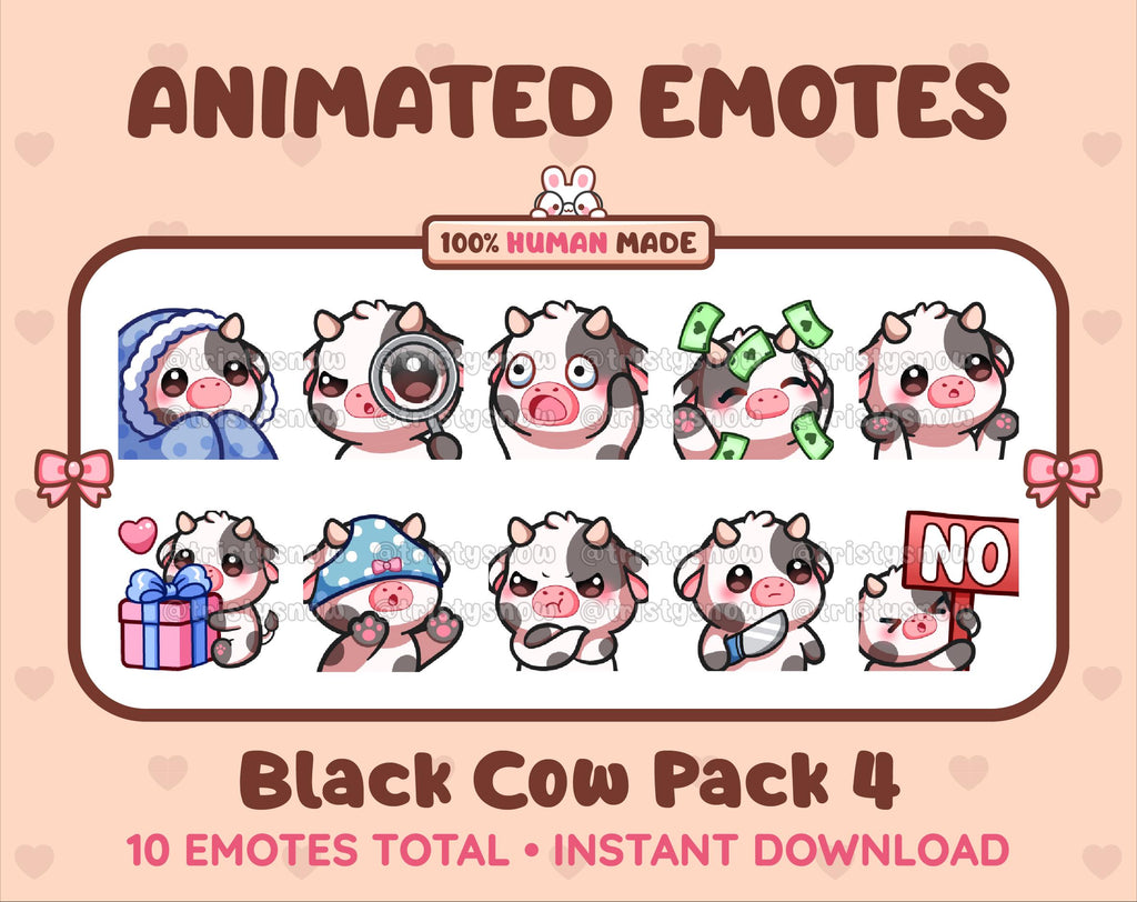 Black Cow animated Twitch emote pack featuring 10 emotes including cozy, sus, panic, and shrug.