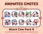 Black Cow animated Twitch emote pack featuring 10 emotes including cozy, sus, panic, and shrug.