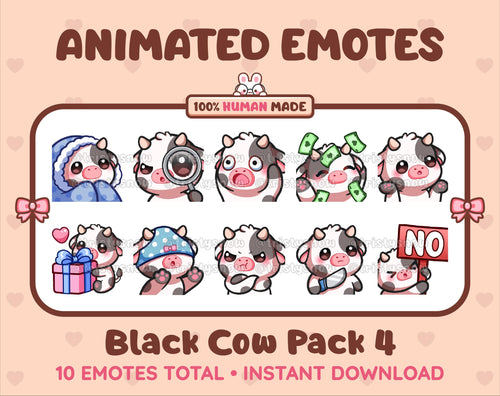 Black Cow animated Twitch emote pack featuring 10 emotes including cozy, sus, panic, and shrug.