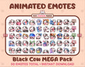 Black Cow animated Twitch emote mega pack featuring 50 emotes including hype, kiss, raid, and lurk.