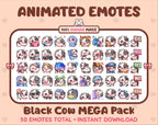 Black Cow animated Twitch emote mega pack featuring 50 emotes including hype, kiss, raid, and lurk.