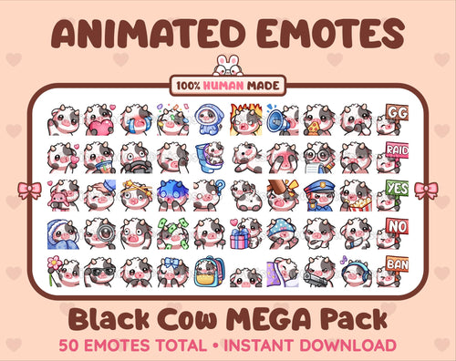 Black Cow animated Twitch emote mega pack featuring 50 emotes including hype, kiss, raid, and lurk.