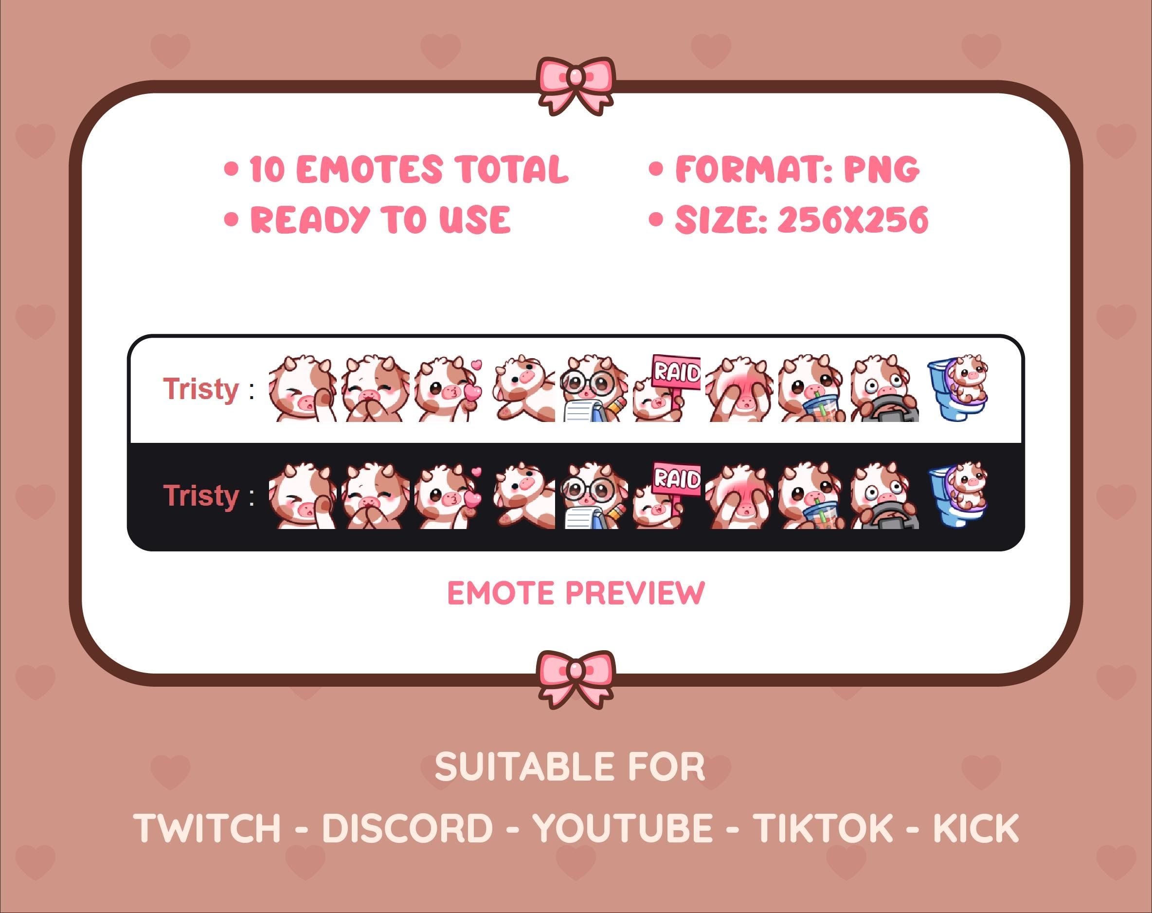 Brown Cow Twitch emote pack preview displaying all 10 emotes with format and size information.