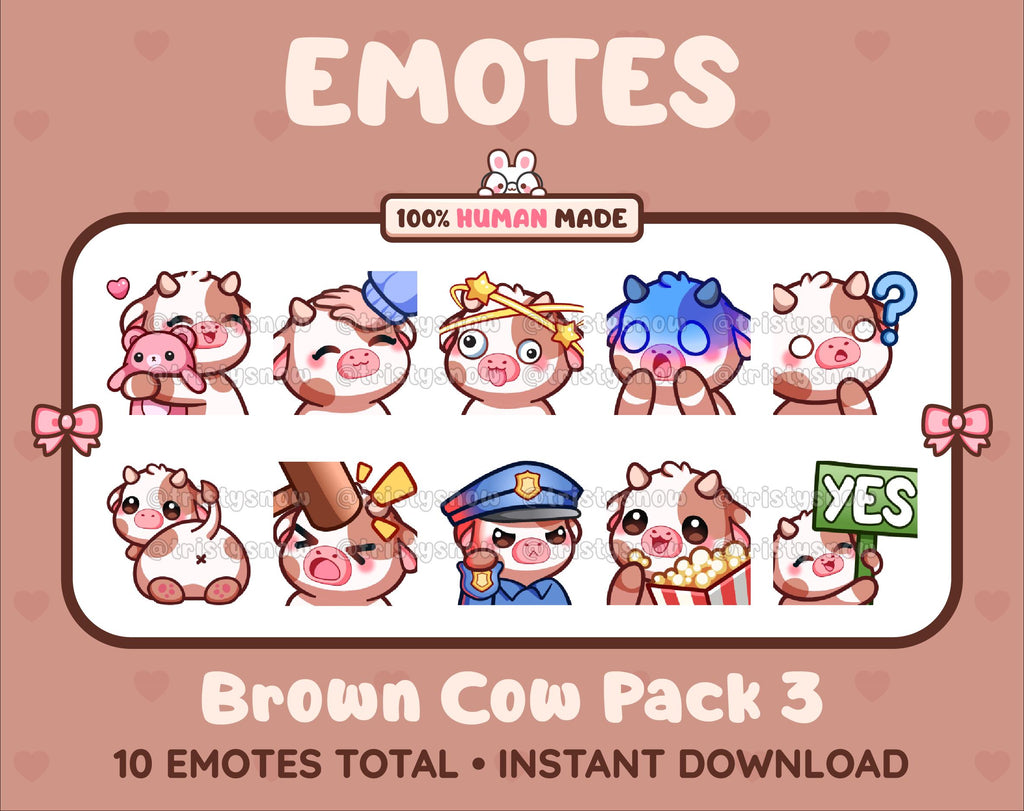 Brown Cow Twitch emote pack featuring 10 emotes including hug, scared, bonk, and popcorn.