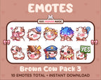 Brown Cow Twitch emote pack featuring 10 emotes including hug, scared, bonk, and popcorn.