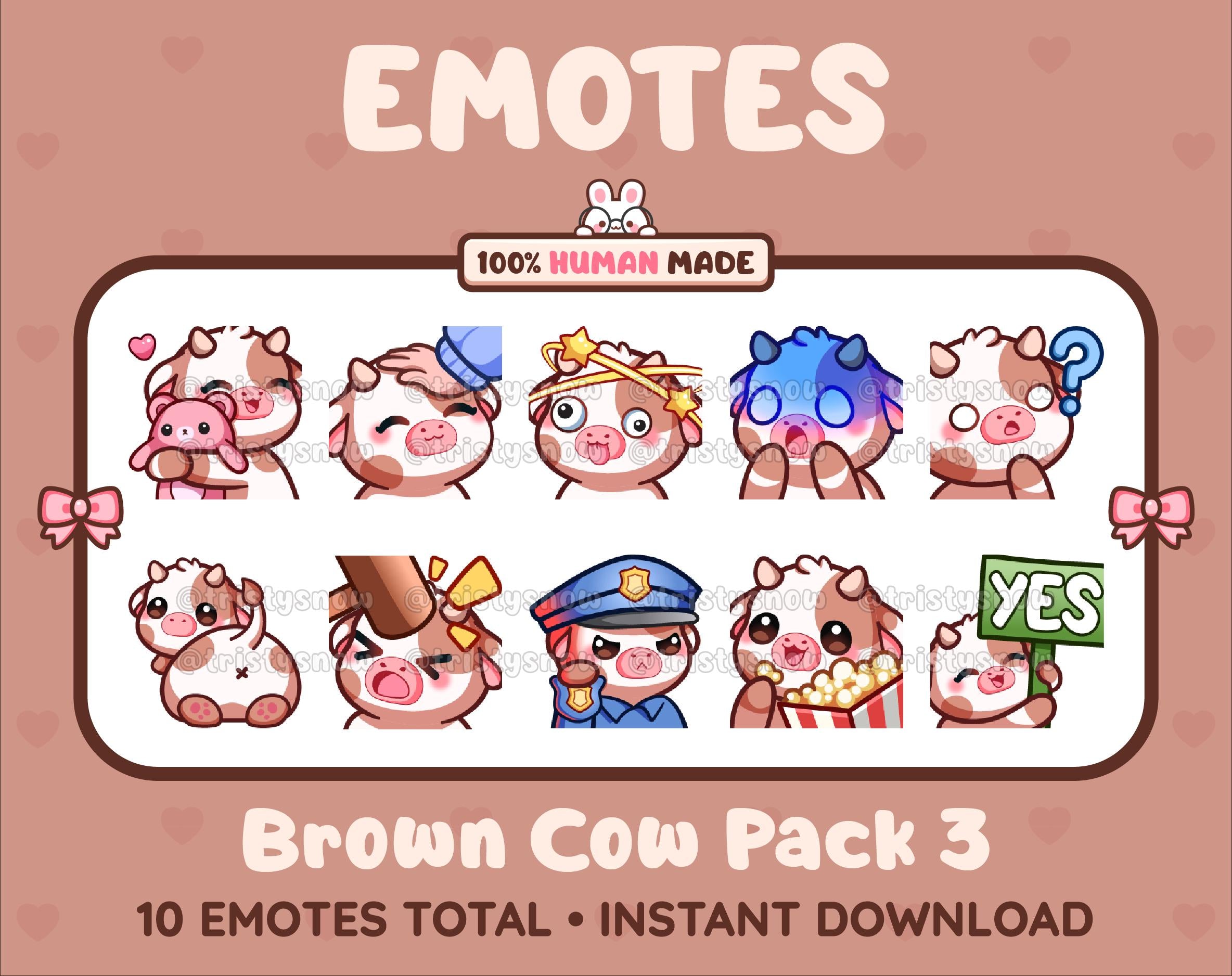 Brown Cow Twitch emote pack featuring 10 emotes including hug, scared, bonk, and popcorn.