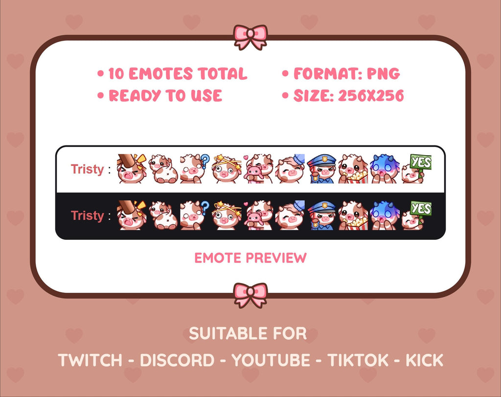 Brown Cow Twitch emote pack preview displaying all 10 emotes with format and size information.